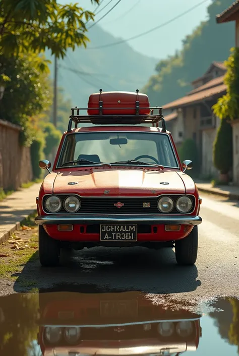 Symetrical photography, Facing forward, an old red Datsun car, with a roof box on hud car, and a village road in the background