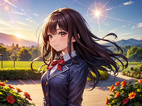 (((masterpiece))), (((best quality))),extremely detailed CG,(lens flare:1.4),the background is school garden,(magnificent view:1.2),(wind),1 girl,solo focus,red long hair ,light smile,light makeup,cinematic angle,Small breasts, school uniform blazer, upper...