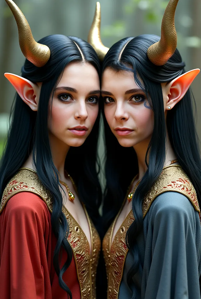 Two elf twins with short bull horns, around , with long black hair reaching down to their waists. They wear princely attire—one in shades of red with golden accents, and the other in shades of blue with golden accents. They look exactly the same, sharing a...