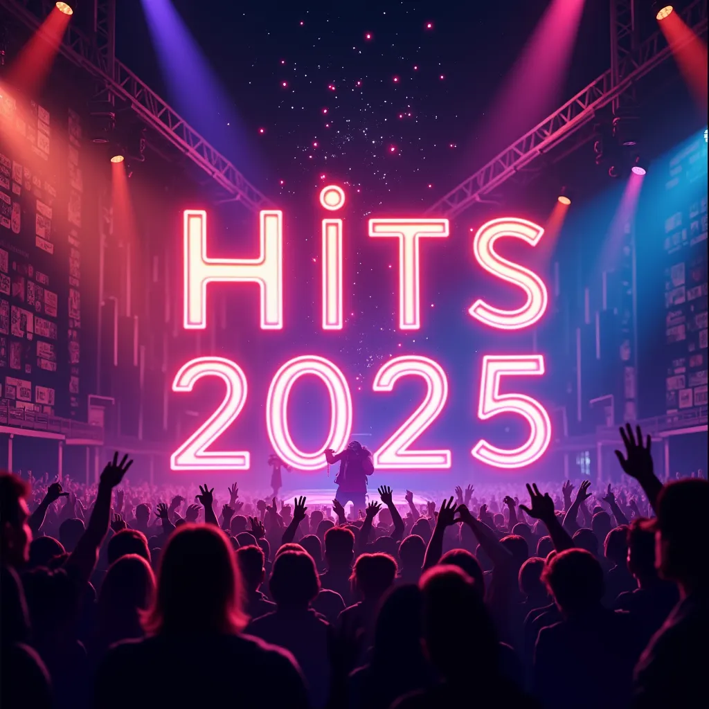 Create a vibrant and striking image for a Spotify playlist titled "Éxitos del Momento 2025 🔥 Lo Más Nuevo". The image should reflect the energy of the most popular genres such as reggaeton, pop, urban text and Latin music.

 Key features :

COLORS: Use neo...