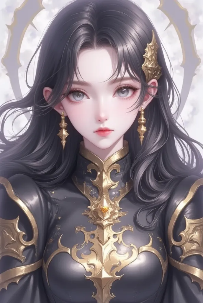 1 girl, long black hair, gray eyes, valkyrie headpiece on sides, wearing black and gold fantasy style clothes, absurdres, hightres, ultra sharp, 8k, masterpiece, looking at viewer, anime, face front towards viewer, fantasy background