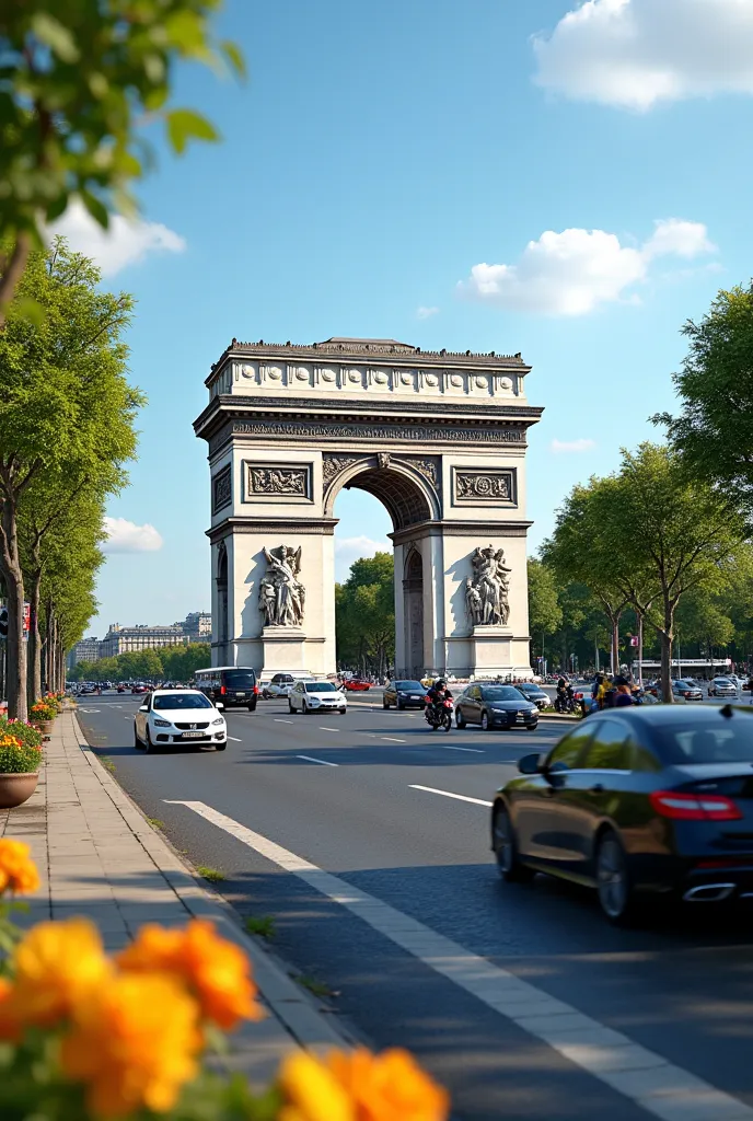 “Ultra high quality, 16:9 aspect ratio, ultra-realistic view of the Arc de Triomphe in Paris, seen from the busy roundabout with cars and traffic moving around the monument. The scene is during a sunny day with clear blue skies and the sun casting shadows ...