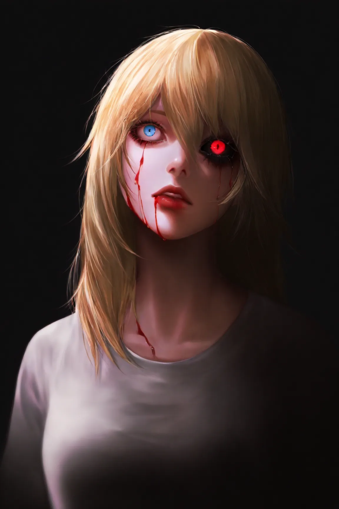 masterpiece,realistic amount,better quality,incredible quality,
, heterochromia,  red eyes, black sclera, blood, dark,cute girl \(him\), tokyo ghoul,  dress
, My mind, 1 , blond hair,Loose hair, long hair, blue eyes ,nice shirt,white background