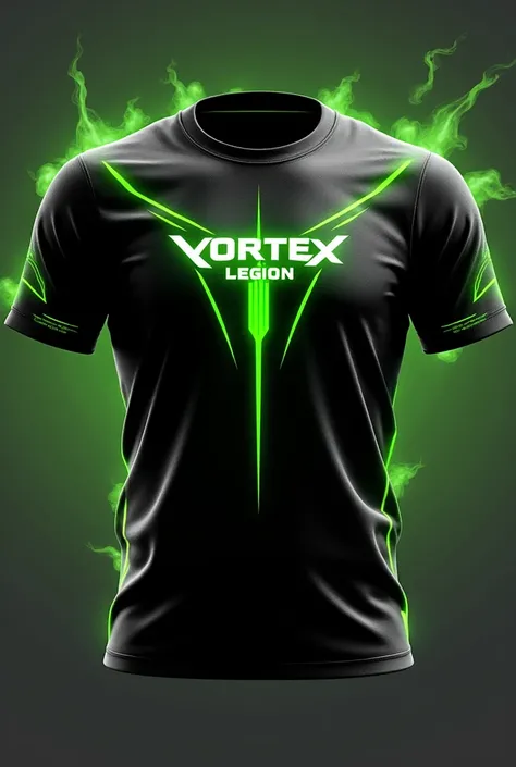 Design a jersey for my e-Sports team called Vortex Legion, in black with neon green details and a stripe in the middle