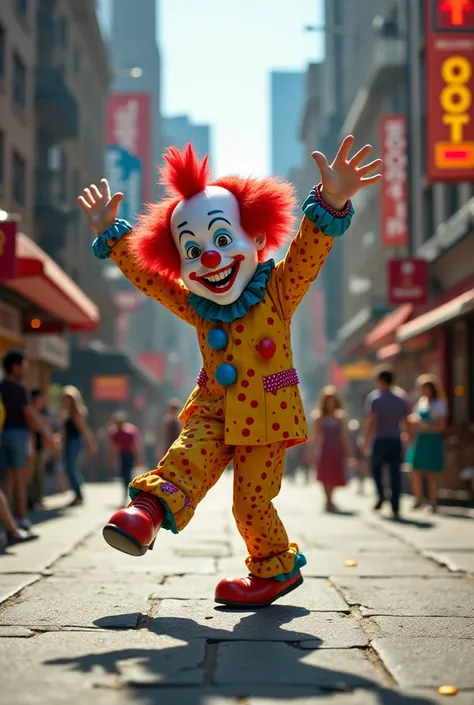 A clown is dancing on the street 