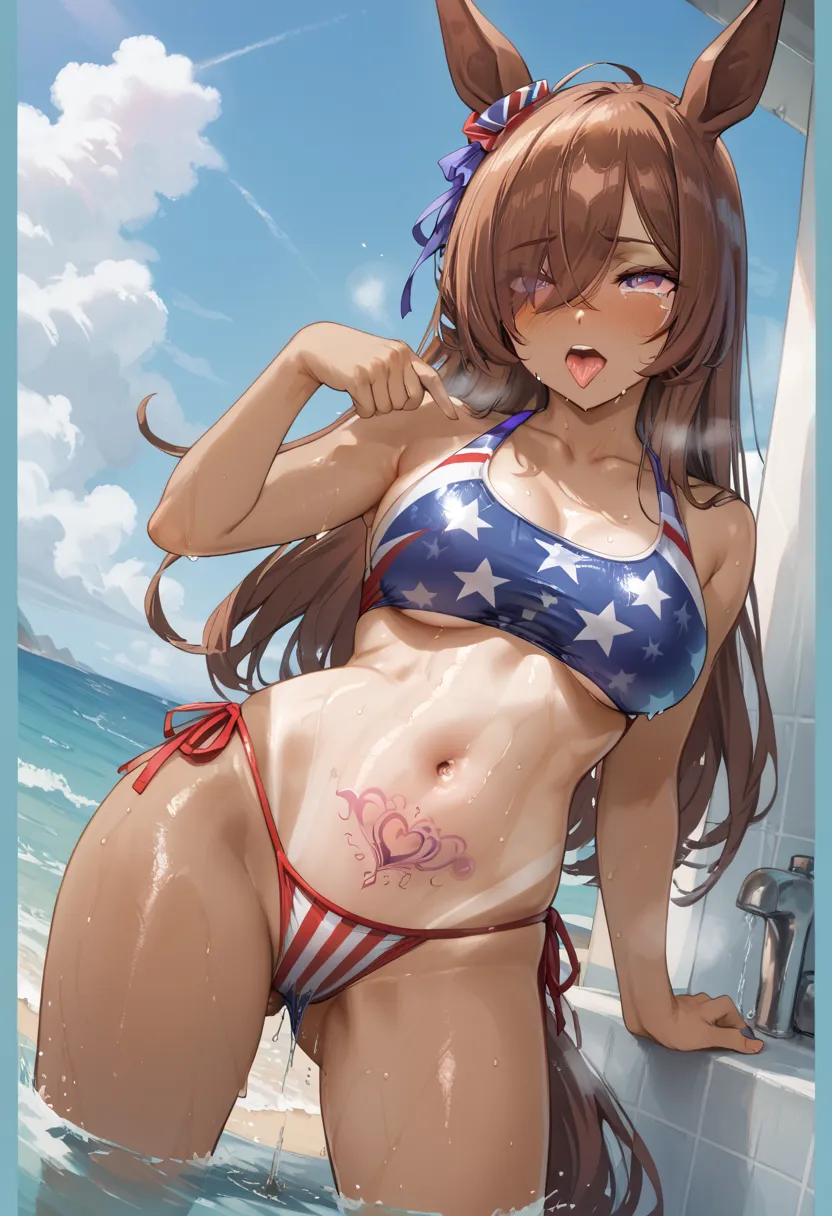 highest quality,High Resolution,((vulgar and erotic work:1.2)),(HD, Sharp, fractal),
1girl in, Beach, Alone, Outdoors, Animal ears, Hair over one eye, Horse ears, Long hair, RiceShower (umamusume), Navel, Purple eyes, (american flag swimsuit, side-tie biki...