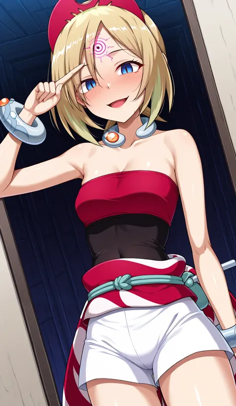 1 girl,(It looks like they are being manipulated by hypnosis, is unlocked ,Consciousness Has Been Taken Over),Pokemon Irida, Pokemon Irida, blond hair, blue eyes,  o,  medium hair,
bracelet,  above Decorati has ,  jewelry,  collar , red headwear, red  shir...