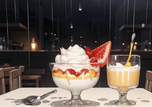 score_9, score_8, score_7, score_6, source_anime, A mango pudding, white cream,  strawberry , A glass vessel , a spoon , in the background of a restaurant, rain, Focus on pudding,  ambient light 