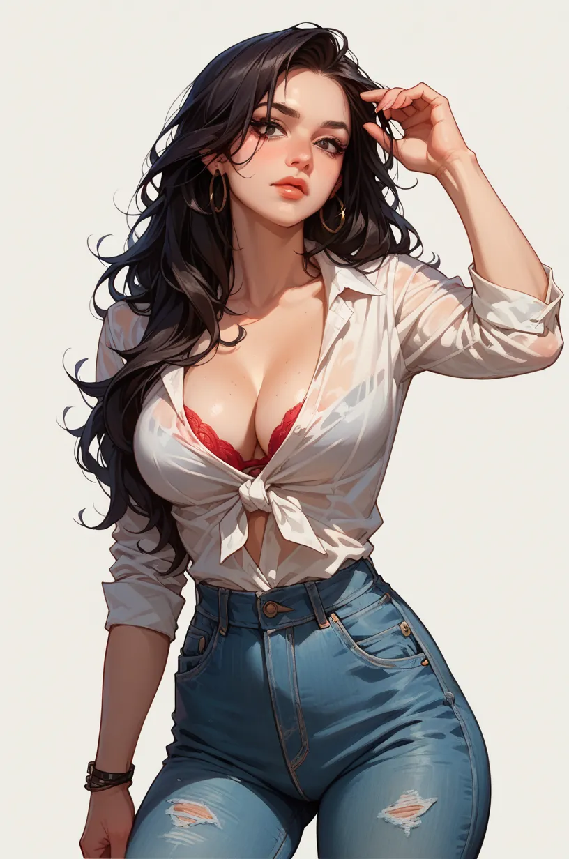 score_9, score_8_up, score_7_up, cartoon of a girl, solo, sexy, slutty, fair skin, black eyes, black hair, long hair, shirt, jeans, cleavage, medium breast, wide hips, standing, white background