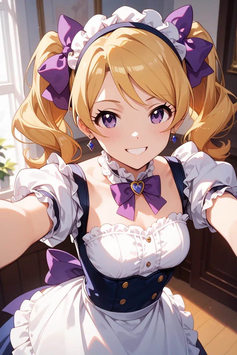 (8k, highest quality, masterpiece, very detailed, Ultra High Resolution) (Emily Stuart Idolmaster Million Live) 1 girl, Alone, alone, Emily Stewart, blonde hair, twintails,  hairband , hair bow, purple bow, purple eyes, smile, :D take a selfie with a sexy ...