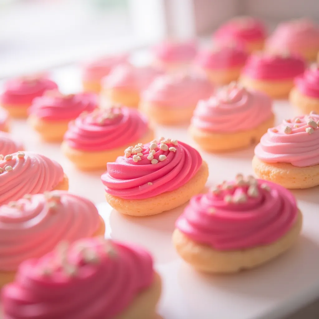 full of pink pastries displayed on a window