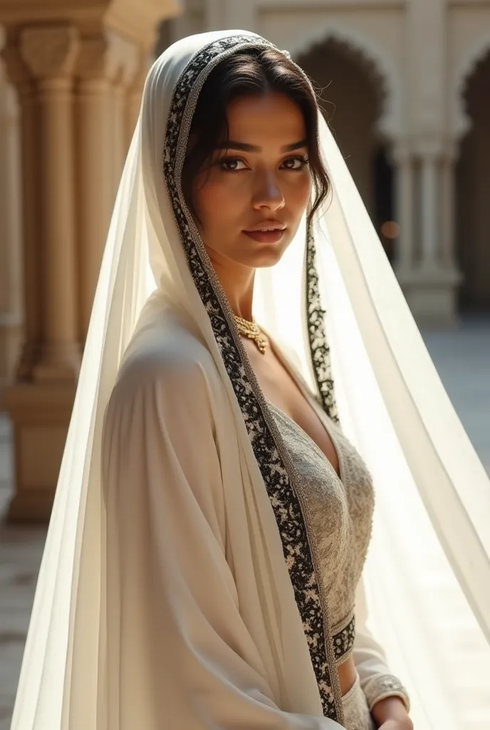 (photorealism:1.2), A beautiful Indian woman with fair, flawless skin, reminiscent of Kajol, stands gracefully in an elegant white Indian-style hijab and a flowing white satin outfit. The edges of her hijab and satin dress are adorned with intricate black ...