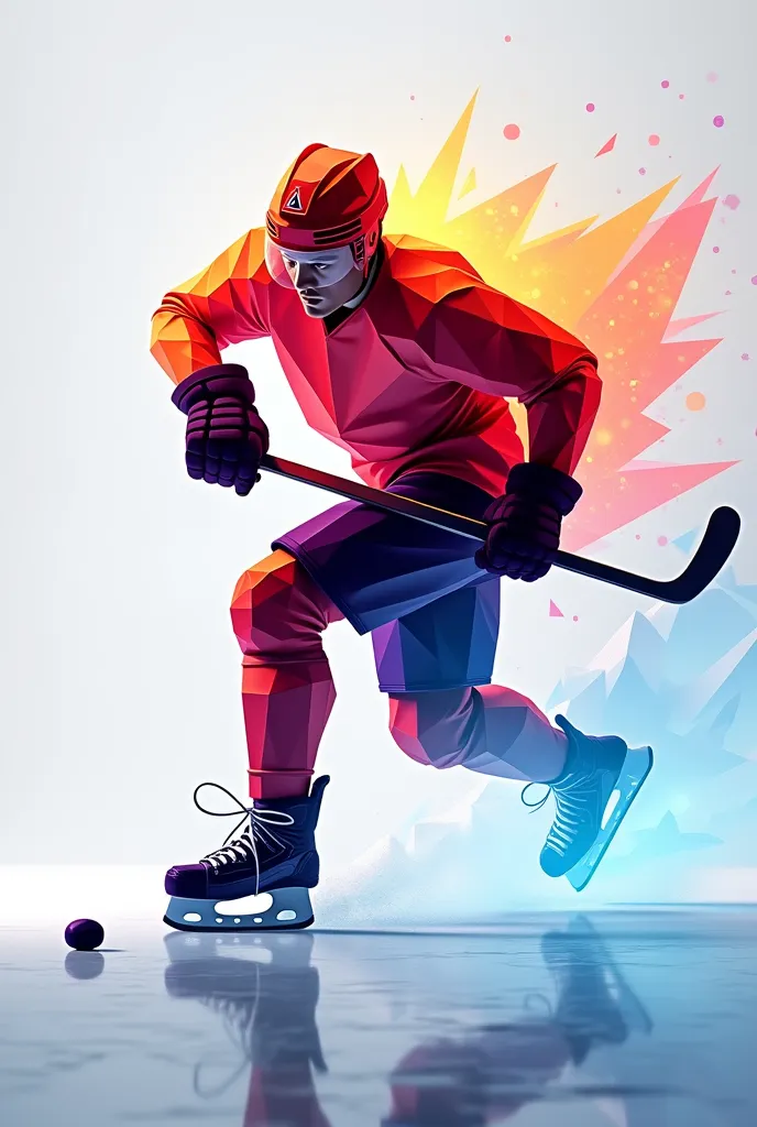 A dynamic ice hockey player in a deep, aggressive skating stance, preparing to strike the puck with a powerful slap shot, composed of vibrant geometric shapes and polygonal facets. The figure is constructed in a low-poly style, featuring sharp, angular edg...