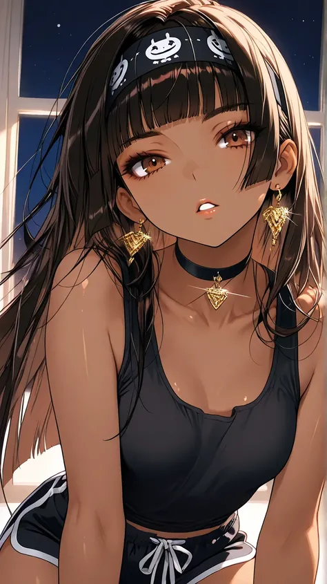 1Girl, Mature, Ebony, African American, Dark Brown Skin, Jet Black Hime Cut, Shiny Hair, Hime Cut, Bright Brown Eyes, Dark Brown Eye Shadow, Medium Chest, Black Tank-Top, Black Dolphin Shorts, Black Choker, Black Headband, Looking At Viewer, Bored, Teeth, ...