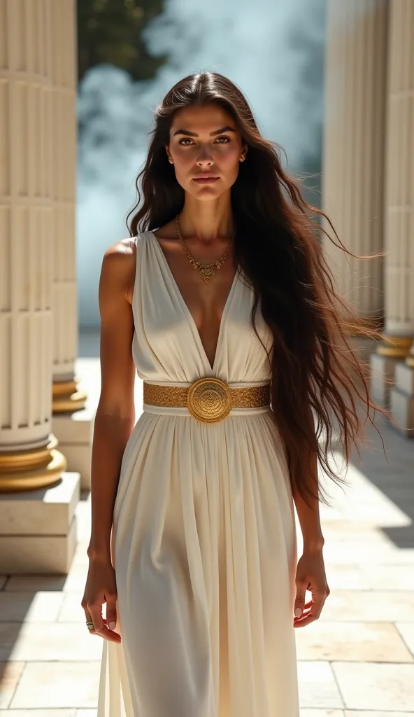 A young greek woman with flowing very long dark hair, dressed in a white greek tunic, in an ancient white and golden greek temple. With peacock walk in background. smoke of encens behind her. She exudes an air of strength and resolve, embodying the spirit ...