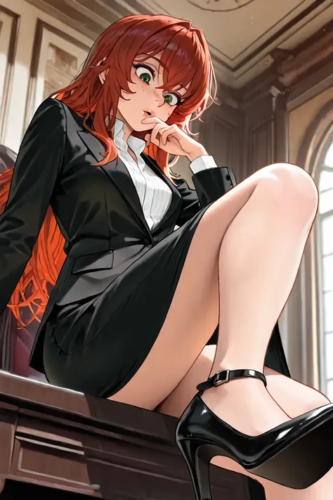 ((red head)), ((freckles)), ((medium chest)), ((green eyes)), ((formal attire)), ((black high-heels)), ((mischievous look)) A giantess teacher sitting, crossing her legs, placing her fingers on her mouth. Looking down. One leg risen up. Provocatively showi...