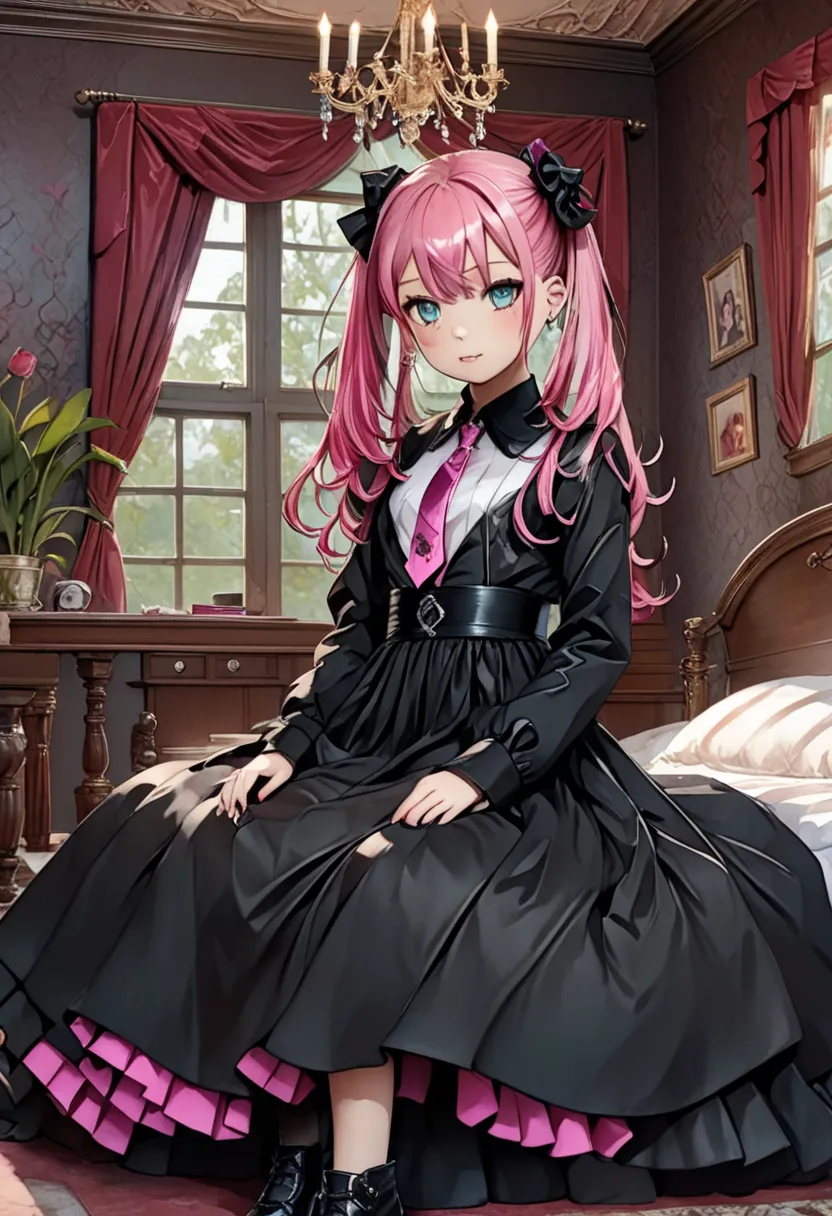 goth girl, loli, green and pink hair, blue eyes, dark clothes, loli goth, lollita model, goth make up, mansion room, vintage room.