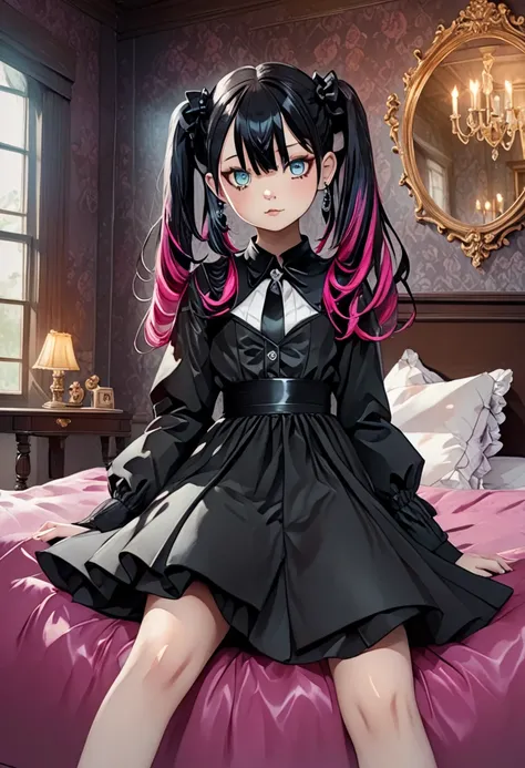 goth girl, loli, green and pink hair, blue eyes, dark clothes, loli goth, lollita model, goth make up, mansion room, vintage room.