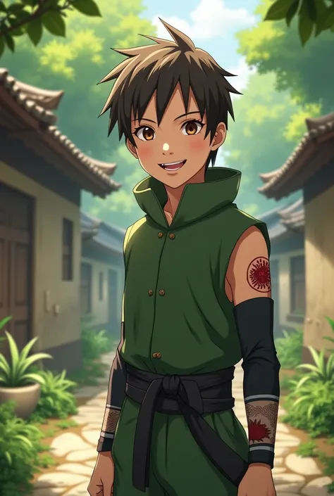  A boy, Shinobi Genin from Vila da Folha,  with brown hair and eyes .  boy, expression of happiness and bandana on the arm. In the background, The scenery of Vila da Folha