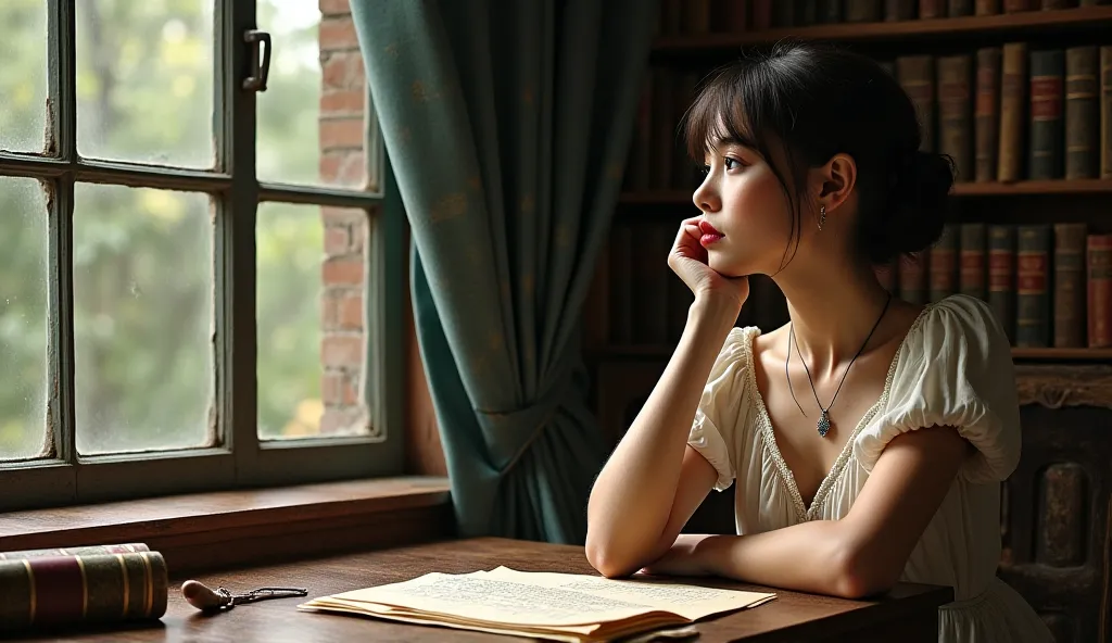 "A woman alone, looking out through a window with a deep, thoughtful gaze, as if reflecting on her emotions or intentions. The scene conveys a sense of calm and reflection, with a philosophical background, such as a shelf of old books or a table with philo...