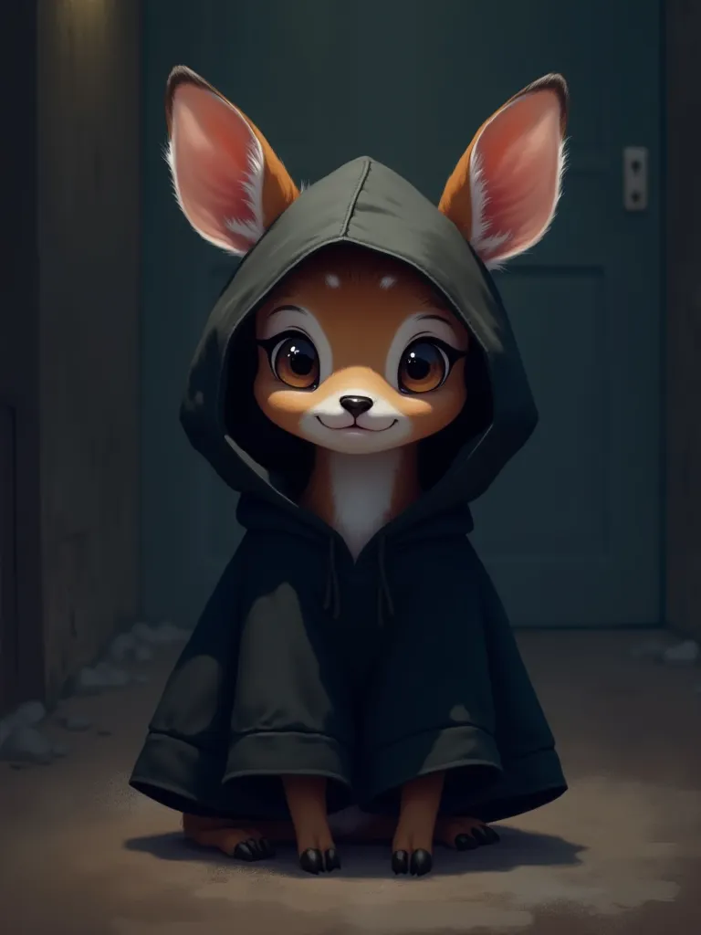 Little dear with black hoodie in dark room anime style