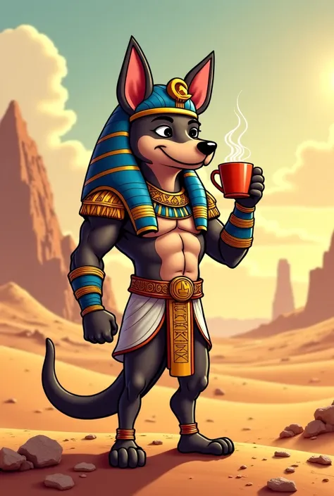 A cartoon of a dog with a lot of muscle dressed as an ancient Egyptian army,  drinking coffee,  In the Egyptian desert  