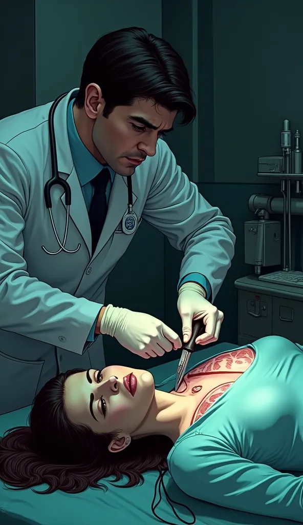 Víctor's hand examining the young woman's lungs, with an expression of concern and fear on her face. The autopsy room is filled with tension, and the knife blade is visibly shaking.