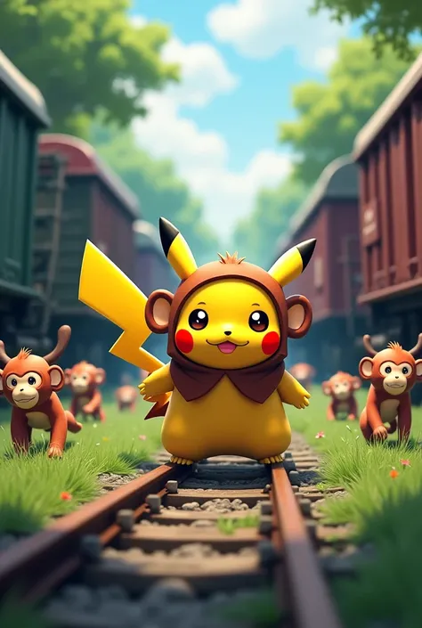 Picachu déguisé en singe, electrise des singes apeurer pour qu'ils rentre dans les wagons. 