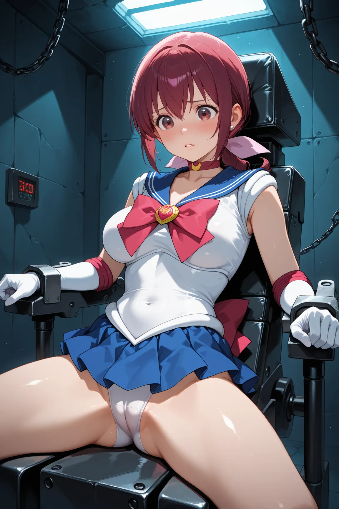 1girl, sitting, mechanical chair, spread legs, restrained limbs, stationary restraints, 
BREAK girl, 22yo, hoshizora ikuyo, detailed cute eyes, curled eyelashes, (large breasts:0.8), 
beautiful eyes, beautiful face, 
sailor_moon \(cosplay\), no skirt, came...