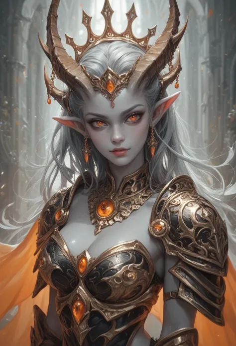 Alien Woman with Grey skin and orange eyes four eyes crown of Horns dresslike Armour Body is Made of gel and transparent 