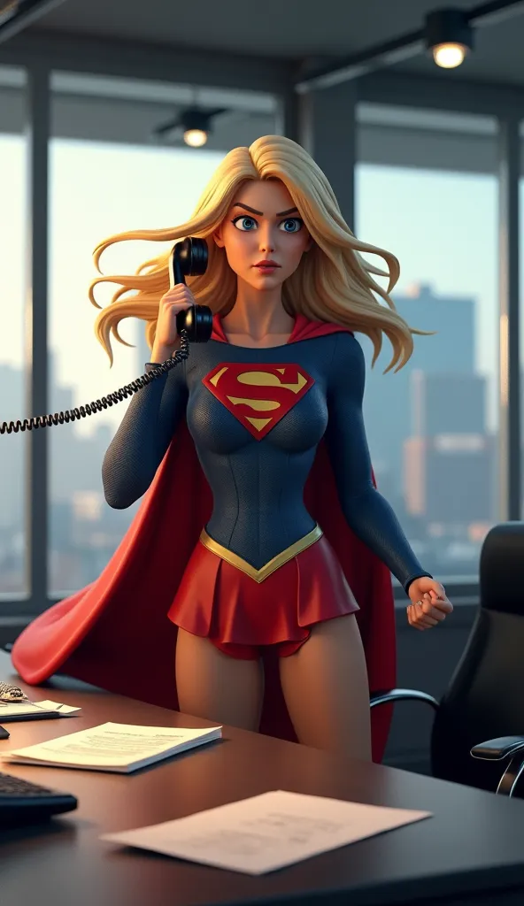 A highly detailed 3D-style scene of Supergirl standing in a sleek, modern office, visibly furious. She is dressed in her iconic blue and red costume with the 'S' shield on her chest, her blonde hair flowing wildly around her shoulders as if reflecting her ...