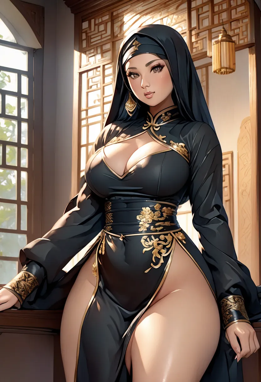 4k, high quality, nice lighting, soft lighting, realistic, dark eyes, sexy, big breasts, thick thighs, wide hips, aranic dress, leg slit, muscular, toned, long flowing chinese dress, ornate, jewelry, sexy lady, thicc, thick lady, thick hips, asian, hijab, ...