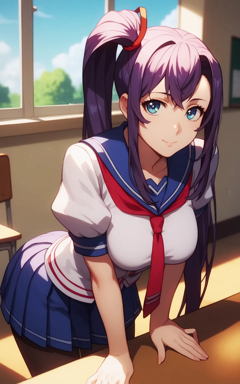 (score_9, score_8_up, score_7_up), 1girl, window, sunlight, classroom,
leaning forward, looking at viewer, closed mouth, light smile, tight clothes, close-up,
ohwx, 1girl, pantyhose, school_uniform, solo, long_hair, skirt, side_ponytail, purple_hair, blue_...