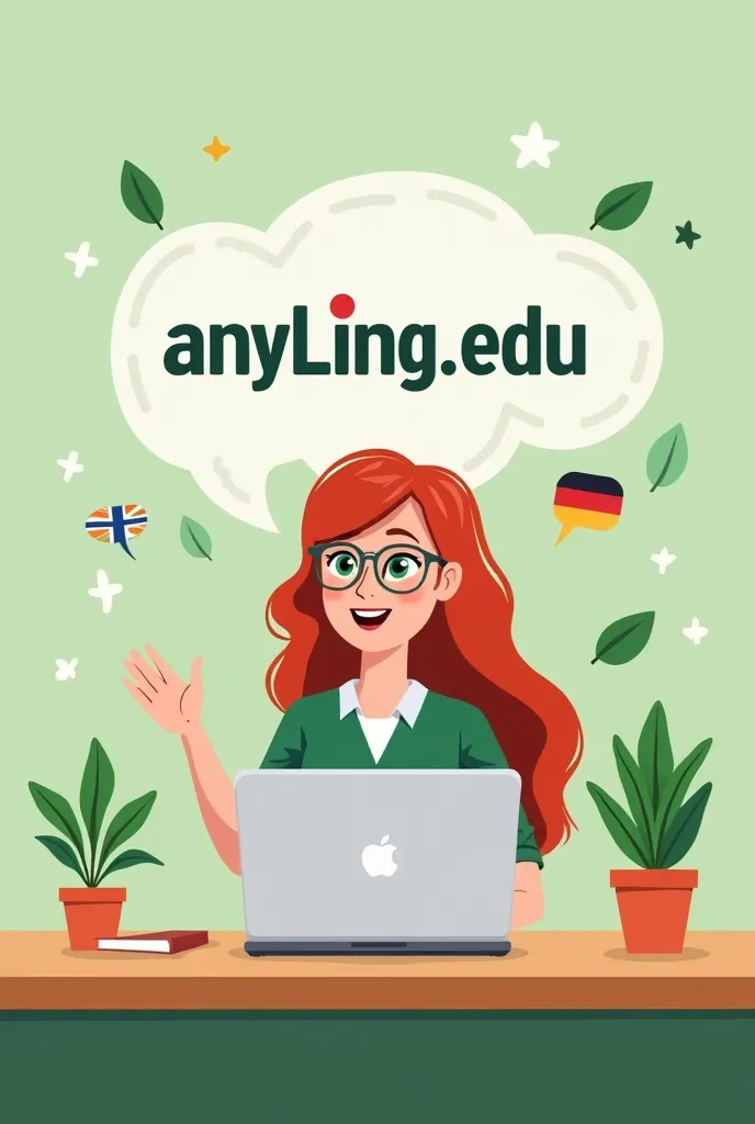 Generate a picture with the name of my language school. - anyLing.edu. colors : green and white. There should be leaves and symbols of English and German in the background. The desk should have an open laptop with the teacher waving from the screen. The te...