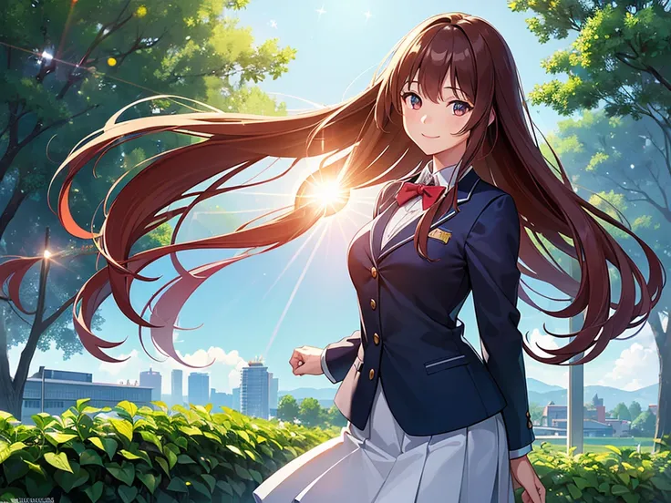 (((masterpiece))), (((best quality))),extremely detailed CG,(lens flare:1.4),the background is school garden,(magnificent view:1.2),(wind),1 girl,solo focus,red long hair ,light smile,light makeup,cinematic angle,Small breasts, school uniform blazer, upper...