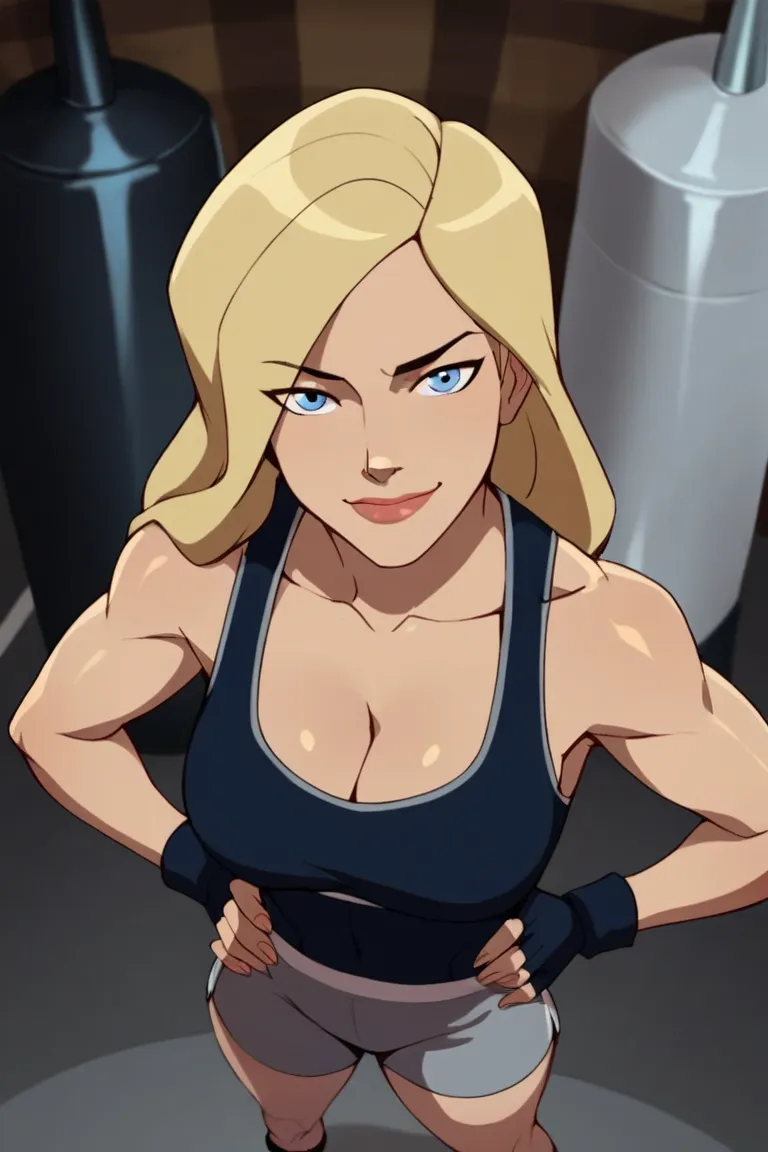 score_9, score_8_up, score_7_up, source_cartoon,black canary, blue eyes, blonde hair, long hair, large breasts, light gray spandex shorts, light gray crisscross sports bra, light gray boxing gloves, cleavage,   BREAK standing, looking at viewer, smiling, c...