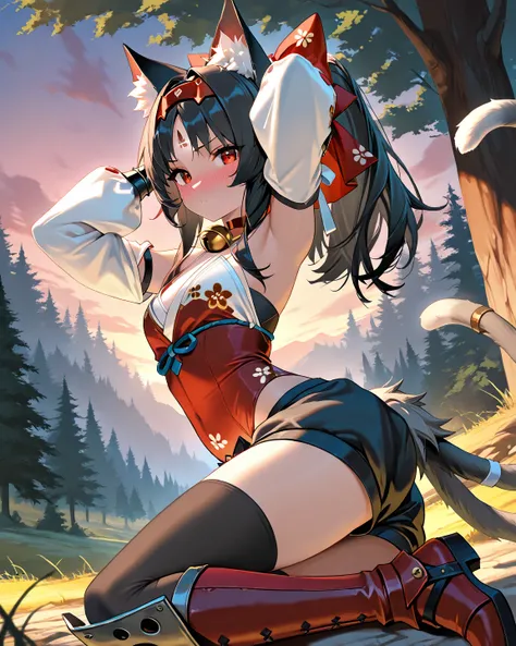 (masterpiece), high res, 1girl, solo, nekomiya, red eyes, black hair, dark skin, ponytail, cat ears, cat tail, two gray tails, hairband, red bow, hair bow, forehead mark, sleeveless shirt, red leotard, cut out, puffy black shorts, detached sleeves, puffy l...