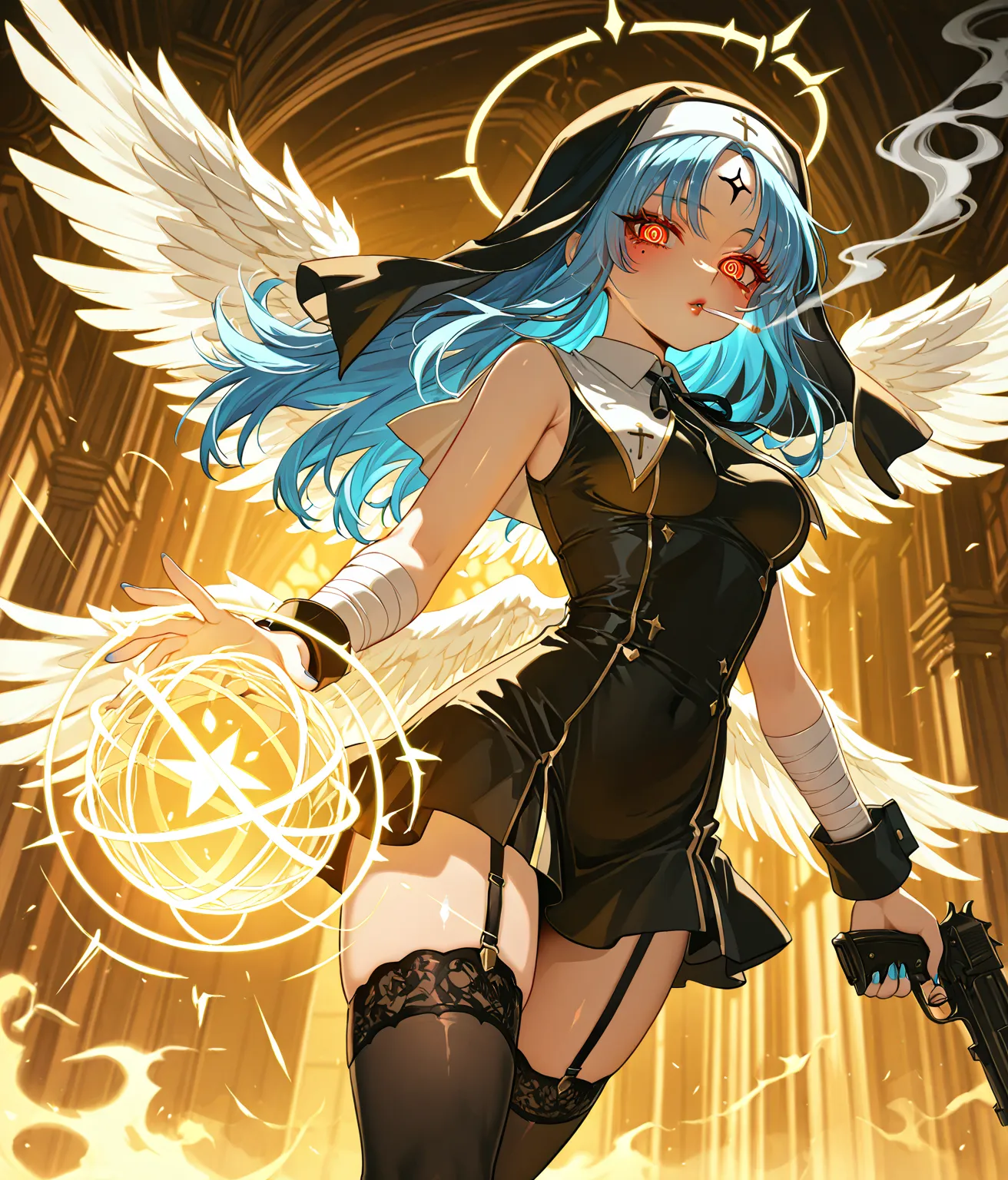 masterpiece, best quality, high quality, Blue hair, long hair, open eyes, red lips, medium breasts, thin body,  shiny lips,  shiny eyes ,g0dishmiku, forehead mark, black tears tattoo, face tattoo, long hair, halo, red eyes, blue eyes, ringed eyes, blue rin...