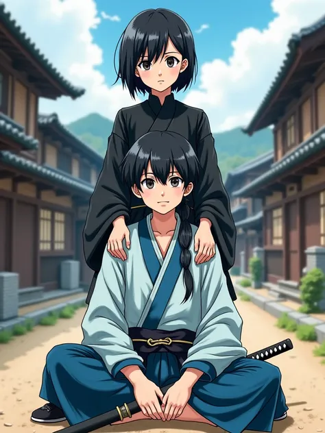 Colored drawing, anime/manga style. An 17-year-old woman, 1.60m tall, with short black hair (between ear-length and shoulder-length), is dressed in a black warrior outfit. She stands behind a  boy, 1.50m tall, leaning amicably on his shoulders.

The boy ha...