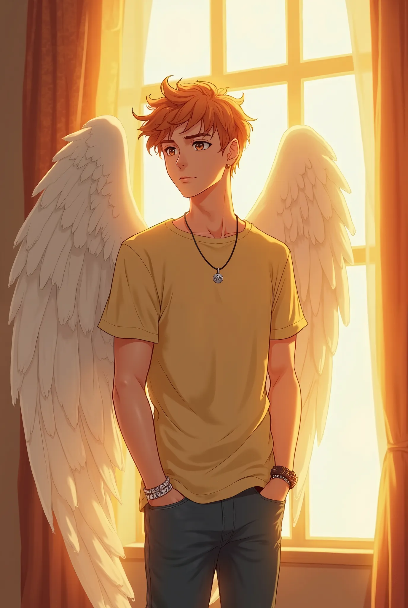 Create An anime-style illustration of an angelic man standing’s by a sunlit window, . He has tousled, wavy soft orange hair and dark brown eyes, conveying a calm and contemplative mood. His physique is lean and normal, not overly muscular. He wears a simpl...