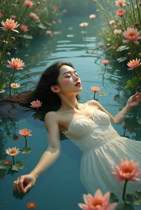 Woman lying submerged in a river with lots of flowers and a beautiful look 
