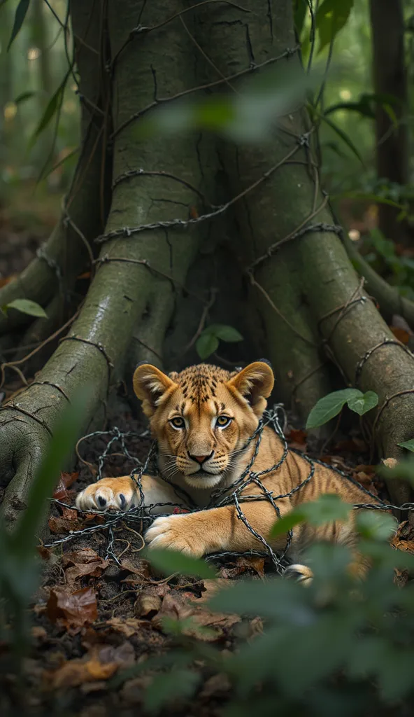 Breaking through the last of the foliage, the rescue team arrives at a heartbreaking sight—near the base of a massive jungle tree, the lion cub lies helpless, its body tightly wrapped in sharp barbed wire. Blood stains its fur, and its weak, pained whimper...