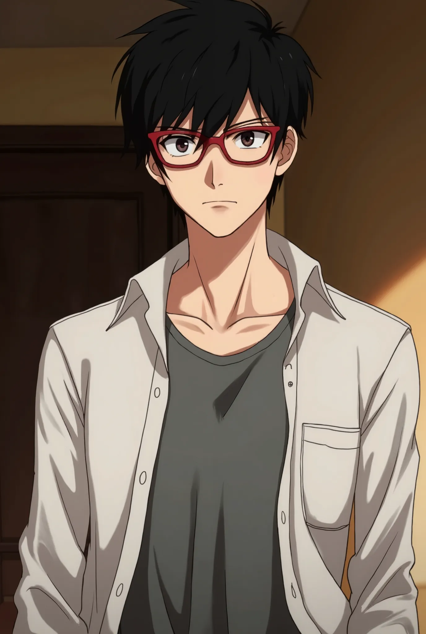 The image shows a young man with short black hair, with a slightly disheveled hairstyle. He wears red frame glasses and has a serious or neutral expression in your face. His build is athletic and his skin is fair.  

He is wearing a gray t-shirt under a wh...