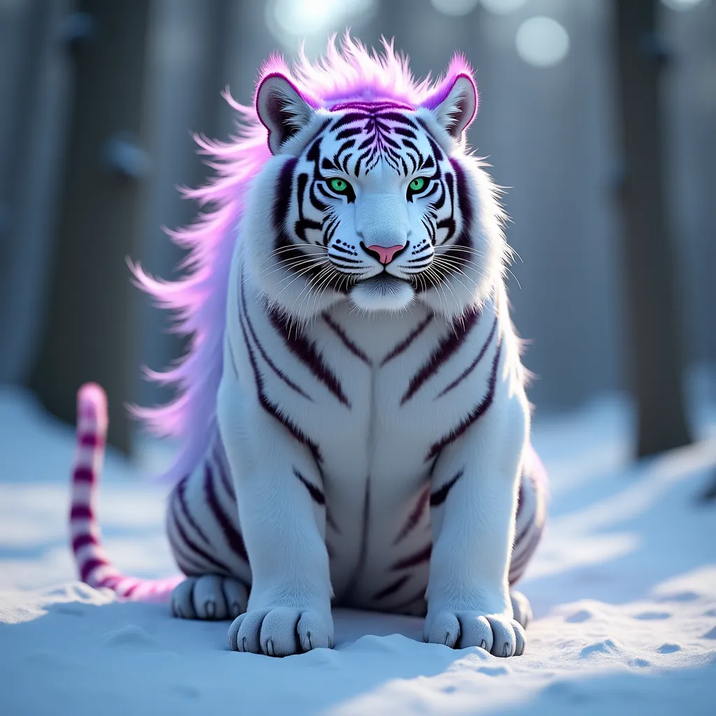 Full Snow White fur Tiger-human male hybrid with v-shaped torso large muscular body builder with narrow waist and well rounded buttocks and really long legs and long tail. A feline tiger nose and mouth . large neon green tiger eyes and long black eyelashes...