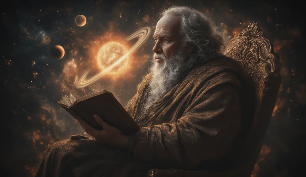  A wise elderly man with gray hair and beard, dressed in robes, sits in a wooden chair, pondering a book. Surrounding him is a detailed cosmic depiction with vibrant planets orbiting a radiant sun, contrasted against a dark starry backdrop. The background ...