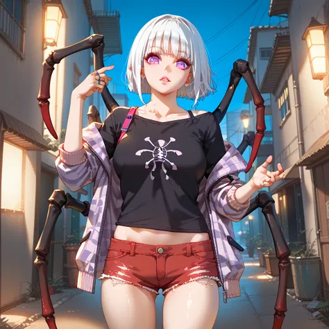 BEST QUALITY, ULTRA DETAILED, PERFECT ANATOMY, HIGH DEFINITION, INTRINCATED DETAILS, ALONE, 1 monster girl, long spider legs on the back, white hair, short hair, bangs, purple eyes, (detailed eyes), (pupil rings) slender, medium-large breasts, dark red lyc...