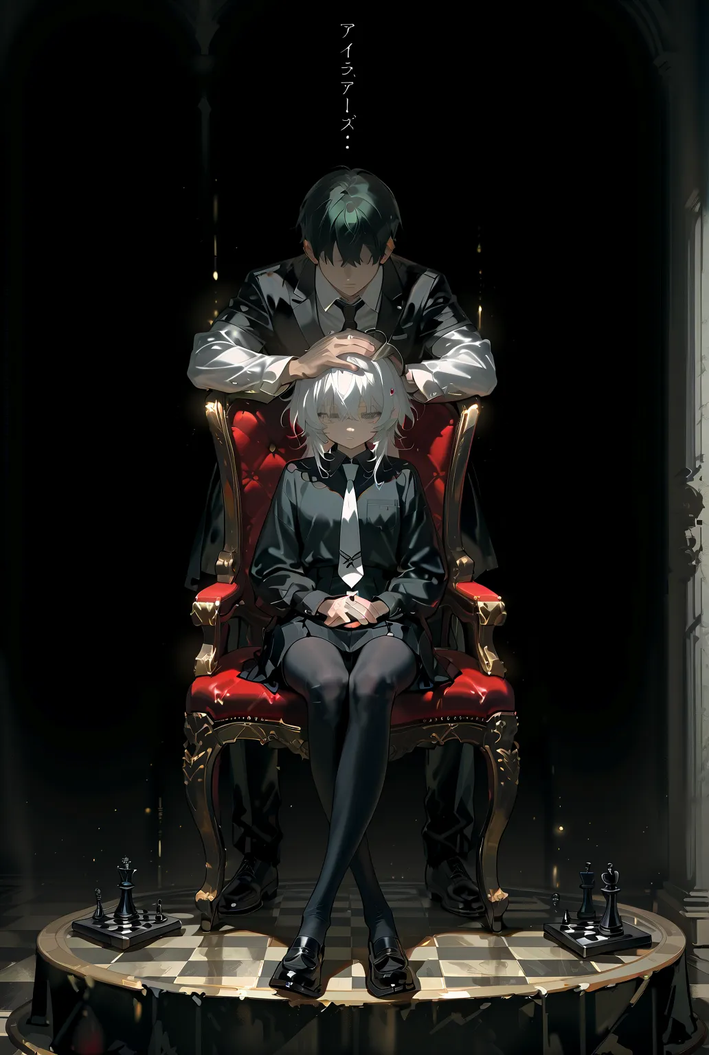 black school shirt, white hair, greenish_black_necktie, sitting on the throne, a set of chessboard, ((faceless:1.1))