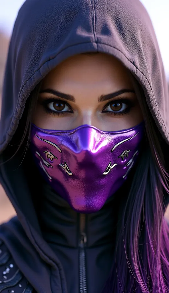 aqui está uma descrição detalhada de **Cheryl Tweedy como Mileena**, com sua shiny metallic purple mask e pequenos detalhes prateados em forma de tribal, focusing **only on the face** atmosphere and with an epic and realistic backdrop. a máscara é fechada,...