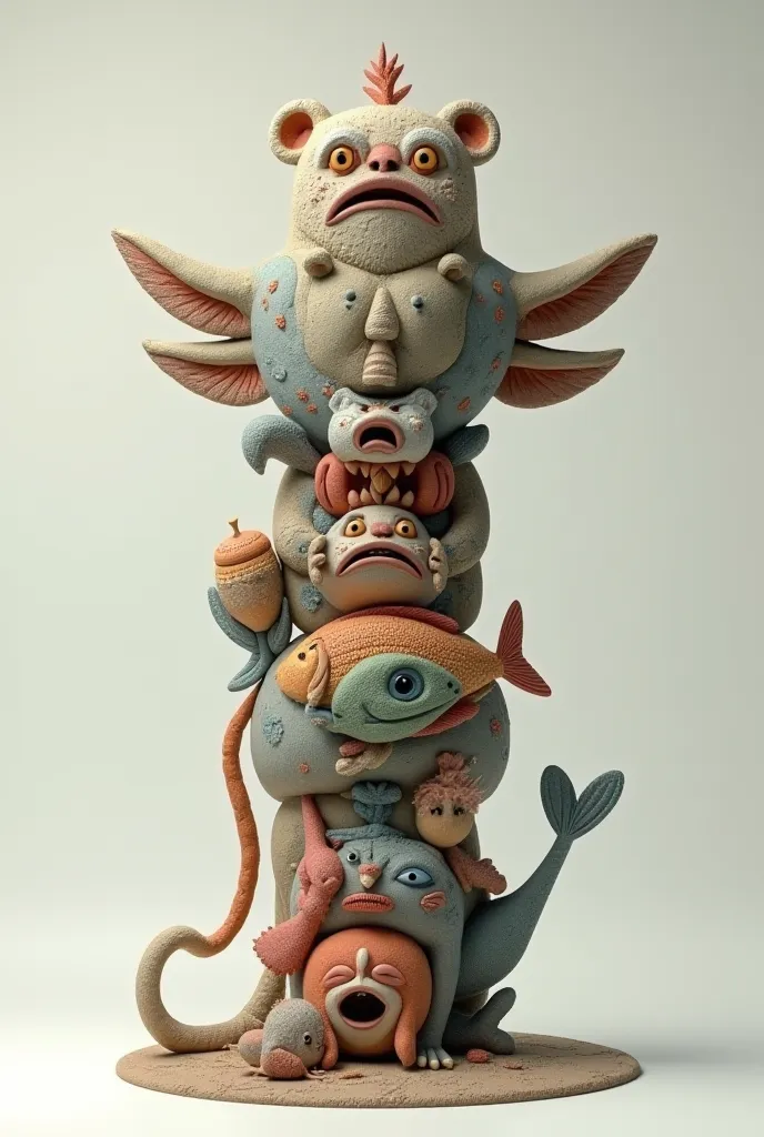 Differnt animals stitched on top of each other like a totem pole