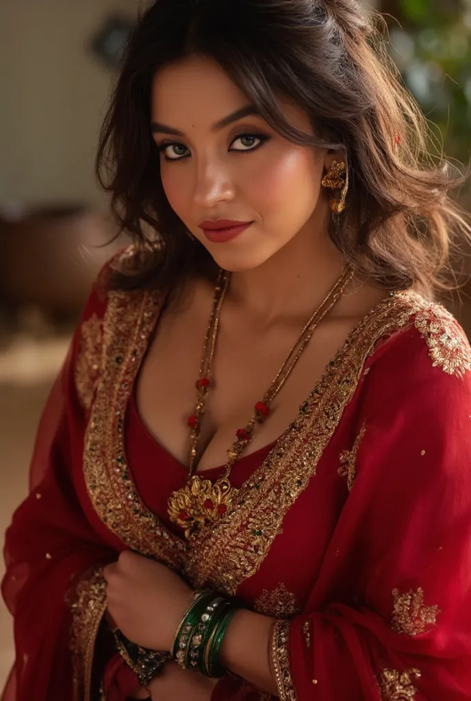 A milf chubby curvy figure voluptuous married bengali woman naughty thick and curvaceous light neutral skin tone woman in completely sweaty hairs, in a traditional attire, lower half of saree is lifted, wearing a deep red messed up elegant saree, no blouse...